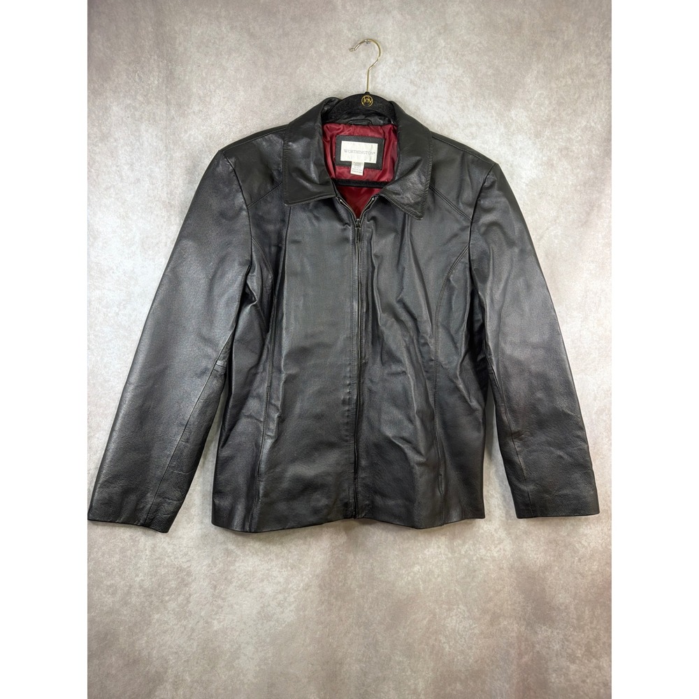 Vintage 90s Worthington Leather Jacket Women XL Black Full Zip Nappa Outerwear